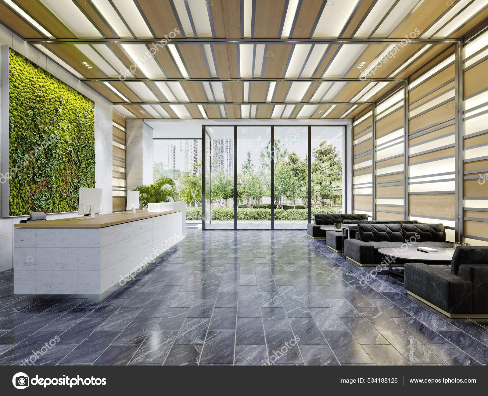 Design Office Entrance Waiting Area Reception Desk High Ceiling