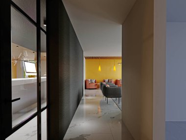 Siyah duvarlı bir ofis binasında koridor. 3 Boyutlu Hazırlama.