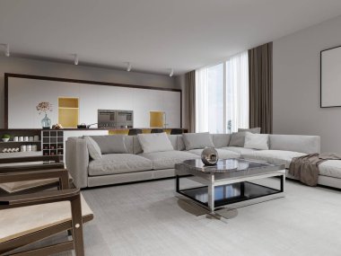 Modern tarzda mutfak ve beyaz mobilyaları olan bir oturma odası. 3d oluşturma.