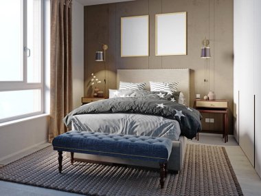 Küçük bir yatak odası, kumaş bir yatak odası ve yatak başlığında kahverengi bir duvar yorgan, güzel renkli bir yorgan ve yastık. 3d oluşturma.