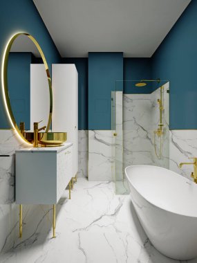 Mavi duvarlı modern banyo ve büyük yuvarlak aynalı beyaz mermer, altın kaplama beyaz mobilya ve kase şeklinde küvet. 3d oluşturma.