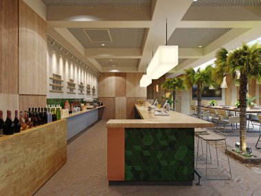 Palmiye ağaçları olan modern bir restoranda bar taburesi olan yeşil fayanslı bar tezgahı..