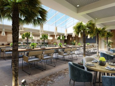 İçinde palmiye ağaçları olan lüks bir restoran ahşap duvarları ve şık mobilyaları olan büyük cam bir atriyum. 3d oluşturma.