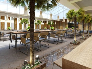 İçinde palmiye ağaçları olan lüks bir restoran ahşap duvarları ve şık mobilyaları olan büyük cam bir atriyum. 3d oluşturma.