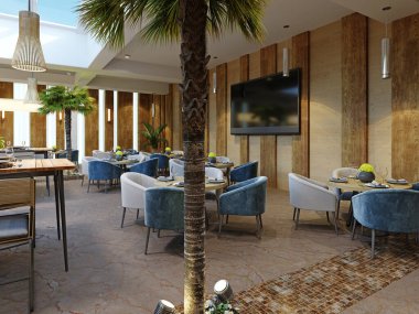 Restoranda yuvarlak masalar, yumuşak koltuklar ve içinde palmiye ağaçları olan modern mobilyalar. 3d oluşturma.