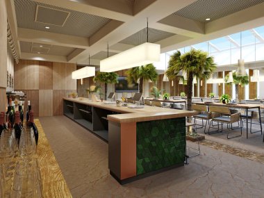 Palmiye ağaçları olan modern bir restoranda bar taburesi olan yeşil fayanslı bar tezgahı..