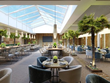 İçinde palmiye ağaçları olan lüks bir restoran ahşap duvarları ve şık mobilyaları olan büyük cam bir atriyum. 3d oluşturma.