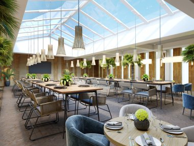 İçinde palmiye ağaçları olan lüks bir restoran ahşap duvarları ve şık mobilyaları olan büyük cam bir atriyum. 3d oluşturma.