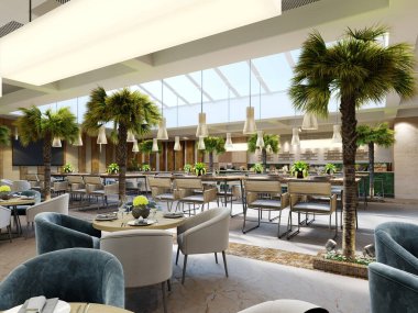 İçinde palmiye ağaçları olan lüks bir restoran ahşap duvarları ve şık mobilyaları olan büyük cam bir atriyum. 3d oluşturma.