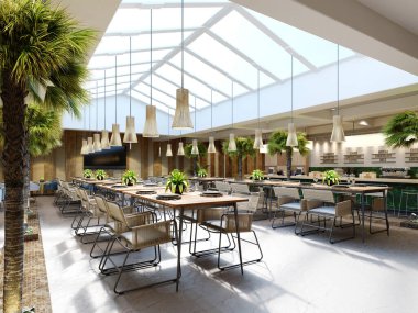 İçinde palmiye ağaçları olan lüks bir restoran ahşap duvarları ve şık mobilyaları olan büyük cam bir atriyum. 3d oluşturma.