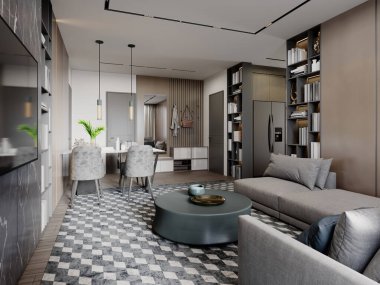 Yemek salonu ve koridoru kahverengi ve bej renkli ahşap duvarlı ve kitaplıklı modern stüdyo oturma odası. 3d oluşturma.