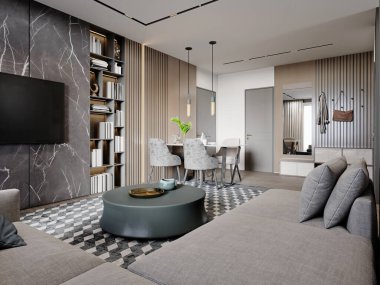 Yemek salonu ve koridoru kahverengi ve bej renkli ahşap duvarlı ve kitaplıklı modern stüdyo oturma odası. 3d oluşturma.