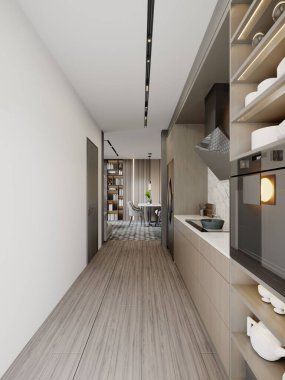 Mutfak mobilyaları, raflar, kahverengi ve bej dekorlar. 3d oluşturma.