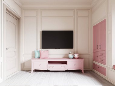 Duvarda televizyon ve çocuk odasında dekoratif yastıklar ve vazolarla pembe TV standı. 3d oluşturma.