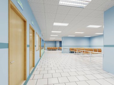 Klinikte, beyaz, mavi ve turuncu sandalyeli bir doktorun muayenehanesi olan hastalar için bekleme yerleri olan koridor. 3d oluşturma.
