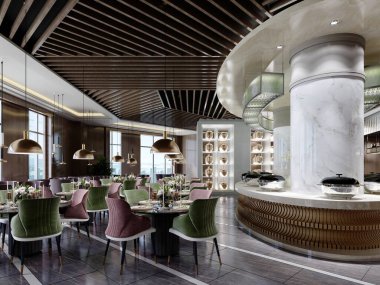 Restoranın tasarımı, tavanında ahşap bir pergola, açık büfe alanı, renkli sandalyeleri ve siyah mermer zemini olan modern bir tarzda tasarlandı. 3B görüntüleme.