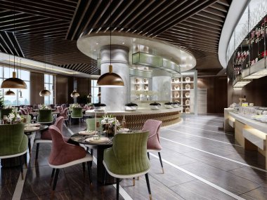 Restoranın tasarımı, tavanında ahşap bir pergola, açık büfe alanı, renkli sandalyeleri ve siyah mermer zemini olan modern bir tarzda tasarlandı. 3B görüntüleme.