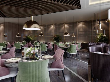 Restoranda masa servisi yapan modern mobilyalar ve yeşil ve bordo renkli renkli renkli sandalyeler. 3B görüntüleme.