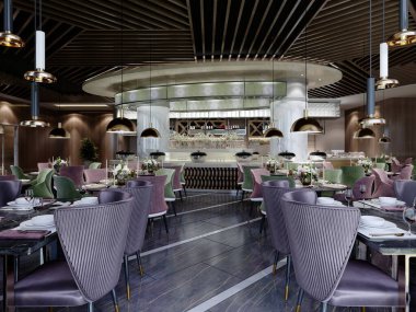 Modern bir tasarımı olan şık bir restoran ve yeşil ve bordo renkli, siyah zemin ve beyaz kolonları olan moda mobilyalar. 3B görüntüleme.