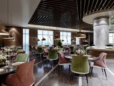 Restoranın tasarımı, tavanında ahşap bir pergola, açık büfe alanı, renkli sandalyeleri ve siyah mermer zemini olan modern bir tarzda tasarlandı. 3B görüntüleme.