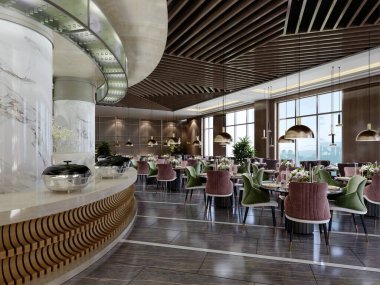 Restoranın tasarımı, tavanında ahşap bir pergola, açık büfe alanı, renkli sandalyeleri ve siyah mermer zemini olan modern bir tarzda tasarlandı. 3B görüntüleme.