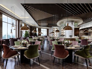 Restoranın tasarımı, tavanında ahşap bir pergola, açık büfe alanı, renkli sandalyeleri ve siyah mermer zemini olan modern bir tarzda tasarlandı. 3B görüntüleme.