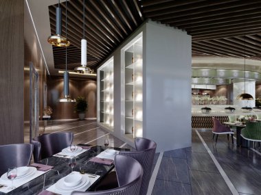 Dekoratif beyaz raf üniteli, ışıklandırmalı bir restoran. 3B görüntüleme.