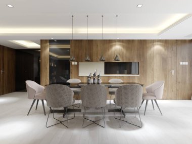 Düz ahşap mutfak mobilyası cepheli şık mutfak iç tasarımı. 3B görüntüleme.