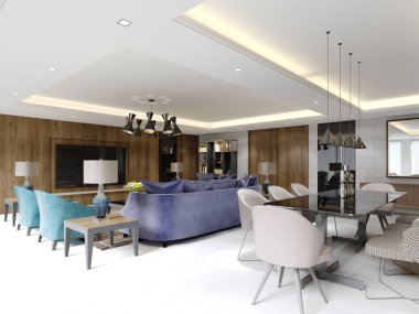 Stüdyo daire açık alan oturma odası ve mutfak, yemek masası duvarlarında ahşap paneller ve açık yeşil ve mor mobilyalar. 3B görüntüleme.