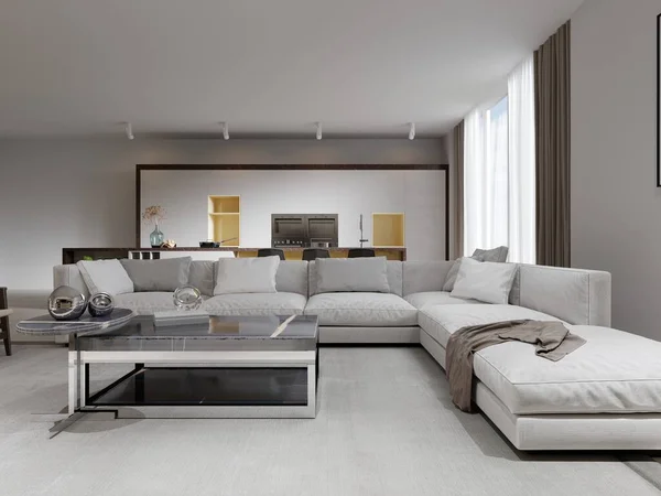 거실에 개방적 개념의 현대적 스타일의 과흰색 가구가 렌더링 — 스톡 사진