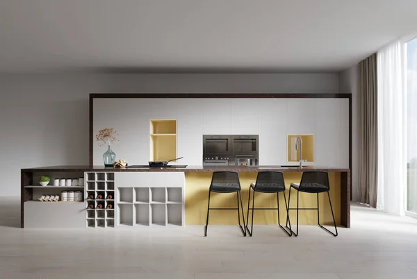 Moderne Weiße Küche Mit Einer Schönen Gelben Nische Und Einer — Stockfoto