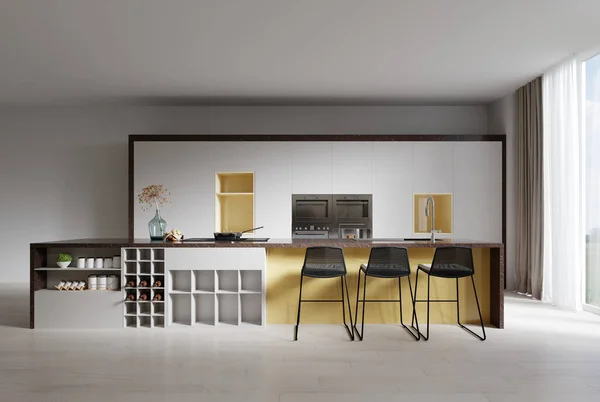 Cocina Blanca Contemporánea Con Hermoso Nicho Amarillo Una Gran Isla —  Fotos de Stock