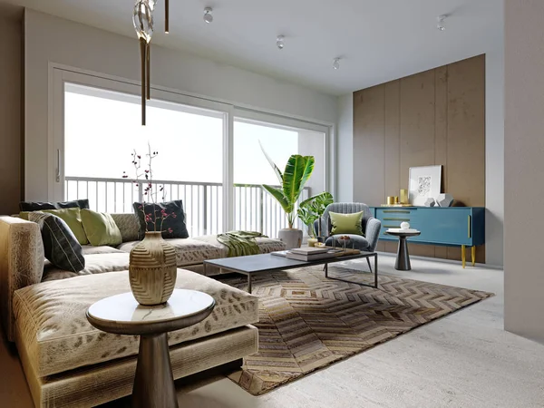 Wohnzimmer Zeitgenössischen Stil Mit Blauen Und Weißen Möbeln Und Braunen — Stockfoto