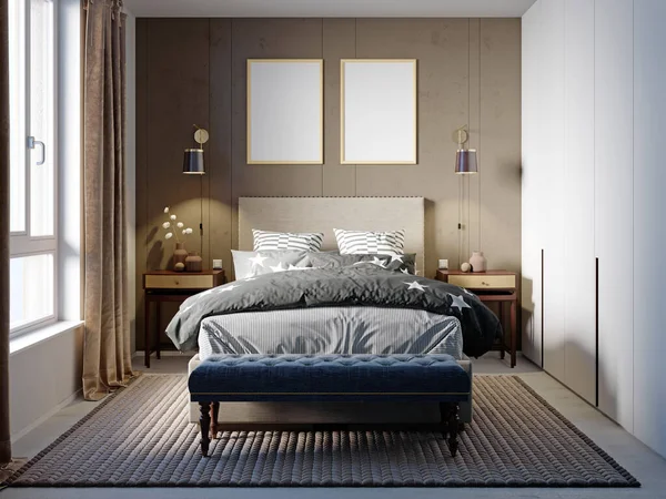 ヘッドボードのファブリックベッドと茶色の壁を備えた小さなベッドルームには キルティングベンチと美しい色の羽毛布団と枕があります 3Dレンダリング — ストック写真