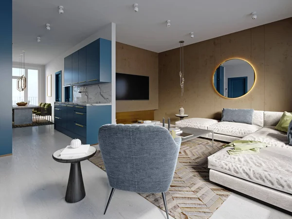 Studio Appartement Met Blauwe Keuken Meubels Wit Met Bruine Muren — Stockfoto