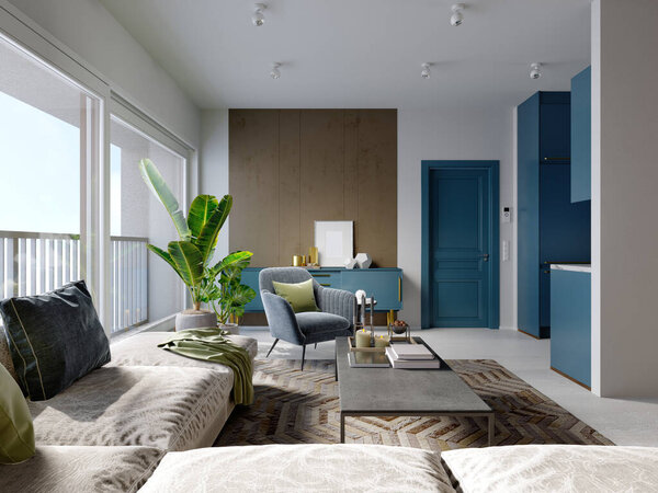 Современный стиль гостиной в современном стиле с синей и белой мебелью и коричневыми стенами. 3d-рендеринг.