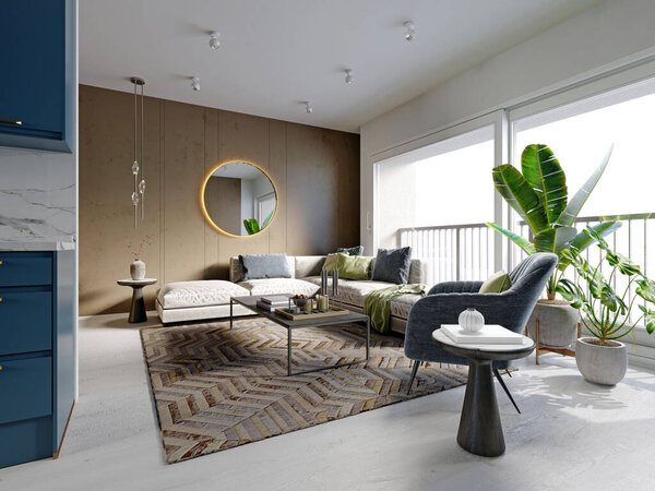 Современный стиль гостиной в современном стиле с синей и белой мебелью и коричневыми стенами. 3d-рендеринг.