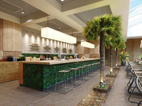 Green tiled bar counter with bar stools in a modern restaurant with palm trees.