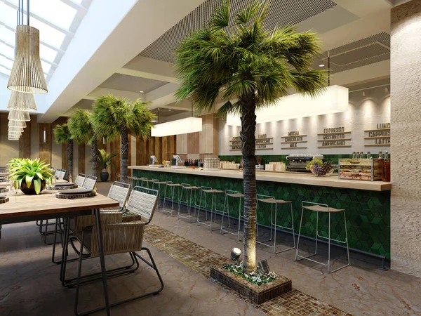 Green tiled bar counter with bar stools in a modern restaurant with palm trees.
