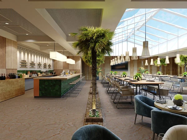 Palmiye ağaçları olan modern bir restoranda bar taburesi olan yeşil fayanslı bar tezgahı..