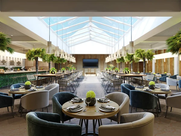Luxurious Restaurant Palm Trees Large Glass Atrium Wooden Walls Fashionable — Stock Photo, Image