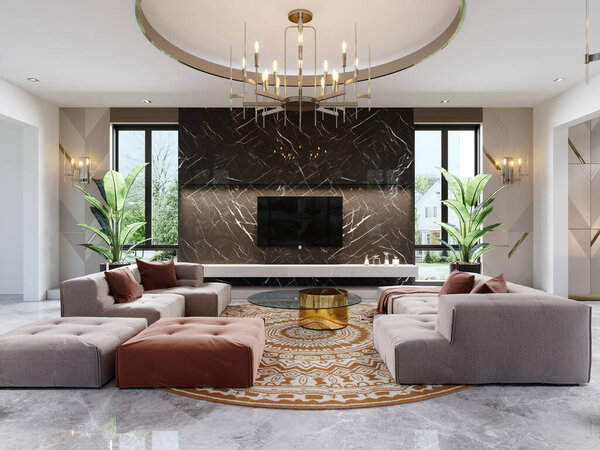 Luxurious design of the living room with a multi-colored sofa and a TV unit on a black marble background with stains. 3d rendering
