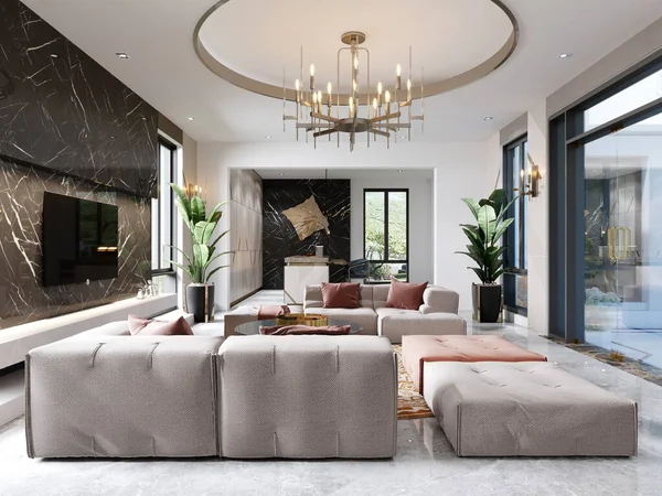 Luxuriöses Design Des Wohnzimmers Mit Einem Bunten Sofa Und Einem — Stockfoto