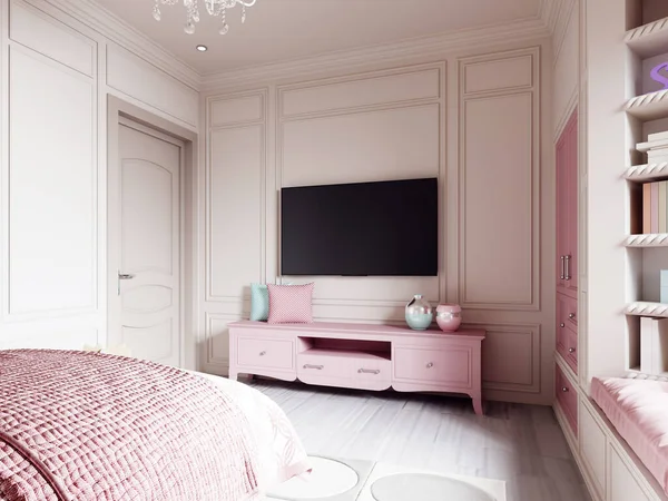 墙上的电视机和粉红的电视机在孩子们的房间里摆放着装饰枕头和花瓶 3D渲染 — 图库照片