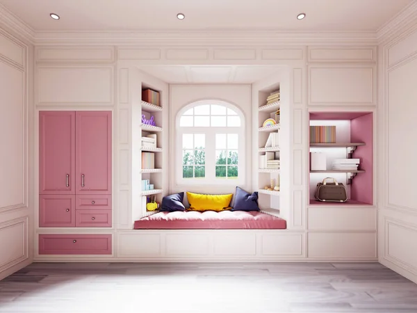 Design of the decoration of the area around the window in the nursery with shelves for books and toys with a cabinet with pink doors. 3d rendering.