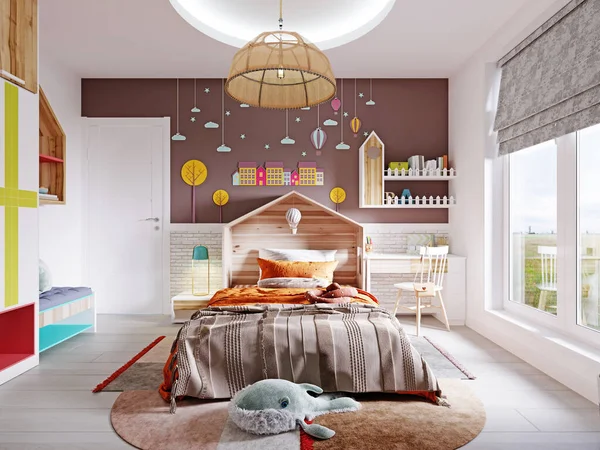 Modern nursery with white and brown wall and bed with orange blanket and headboard house and writing desk with shelves and multi-colored wardrobe. 3d rendering.