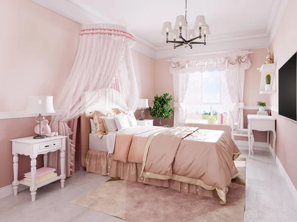 Design Nursery Girl Pink Tones Classic Style White Bedside Tables — Stock Photo, Image