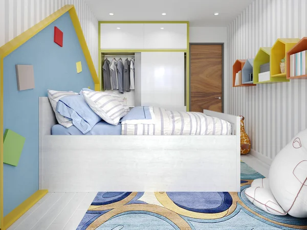 高いベッドと家やストライプの壁紙の形でヘッドボードと白と青の保育園 3Dレンダリング — ストック写真