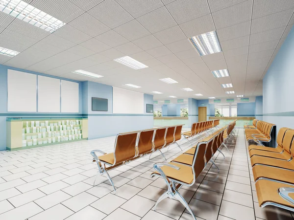 Кімната Очікування Клініці Помаранчевими Стільцями Світло Блакитними Стінами Білими Підлогами — стокове фото