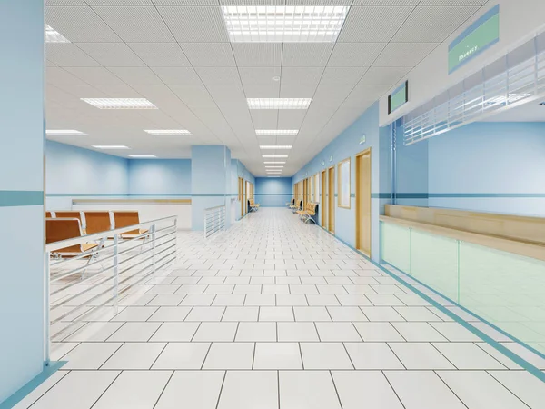 诊所里有候诊区的走廊 为有办公室的病人提供白色和蓝色的医生 还有橙色椅子 3D渲染 — 图库照片